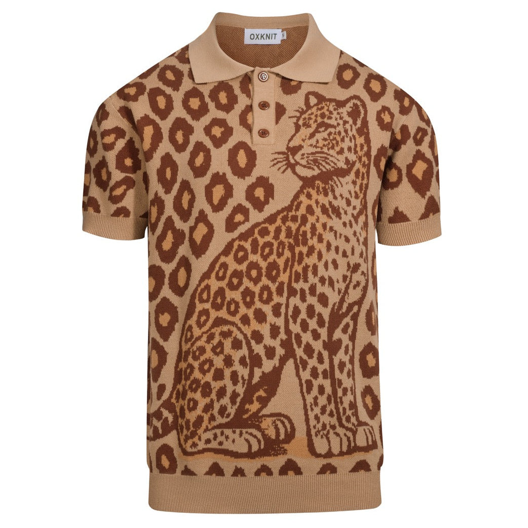 Kaki Jacquard Polo Homme avec Motif Tigre et Léopard