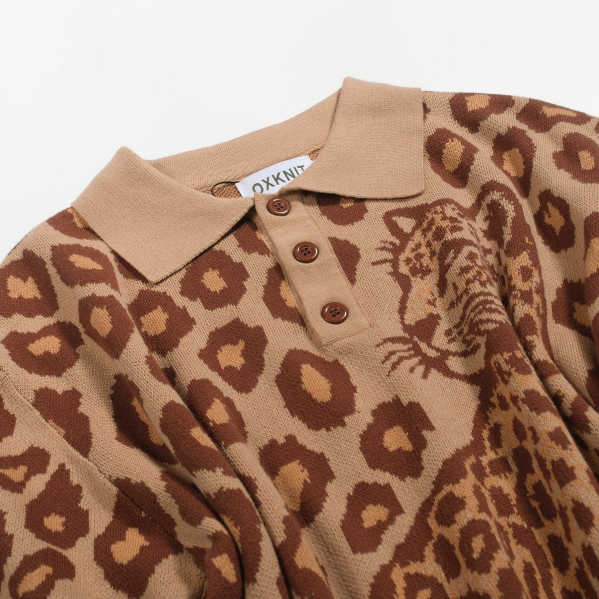 Kaki Jacquard Polo Homme avec Motif Tigre et Léopard