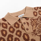 Kaki Jacquard Polo Homme avec Motif Tigre et Léopard