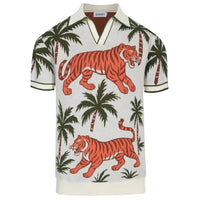 V-Neck Jacquard Polo for Men in White and Apricot Animal Garden Design