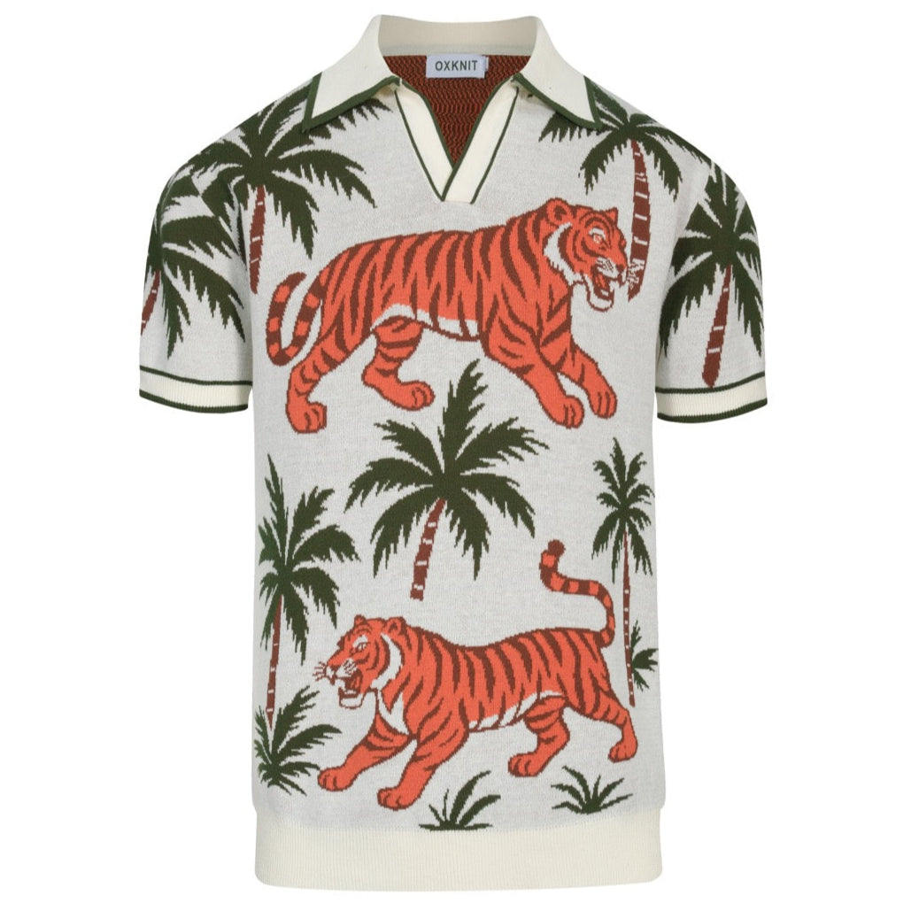 V-Neck Jacquard Polo for Men in White and Apricot Animal Garden Design