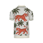V-Neck Jacquard Polo for Men in White and Apricot Animal Garden Design