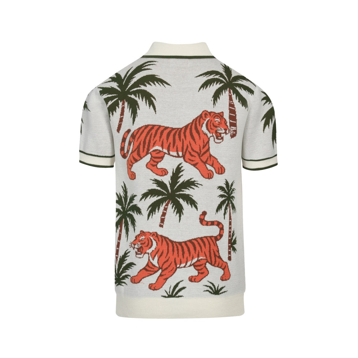 V-Neck Jacquard Polo for Men in White and Apricot Animal Garden Design