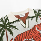 V-Neck Jacquard Polo for Men in White and Apricot Animal Garden Design