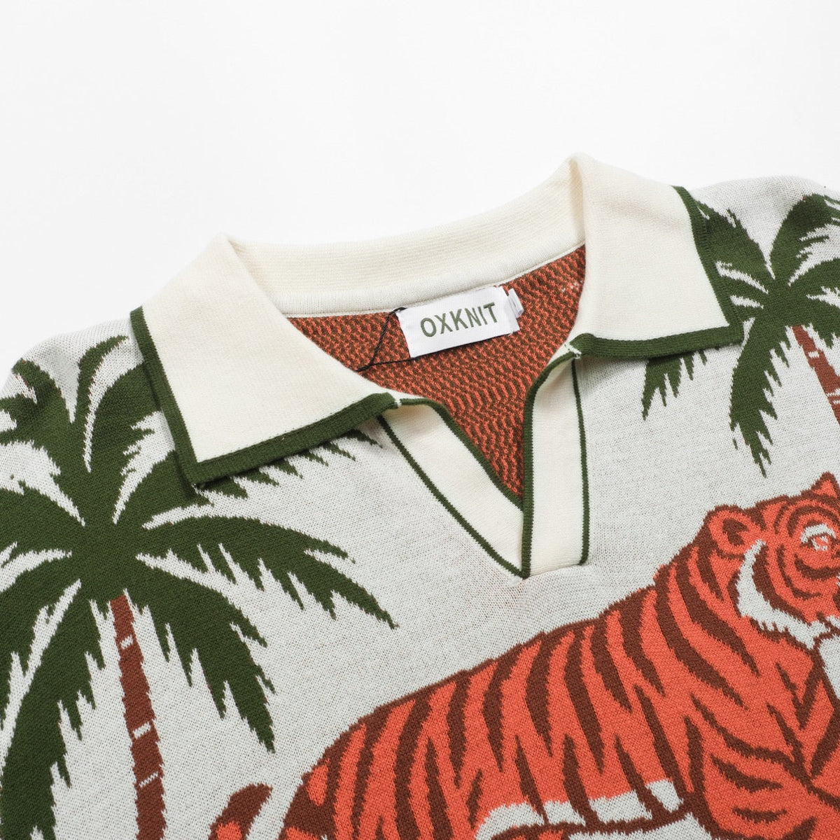 V-Neck Jacquard Polo for Men in White and Apricot Animal Garden Design
