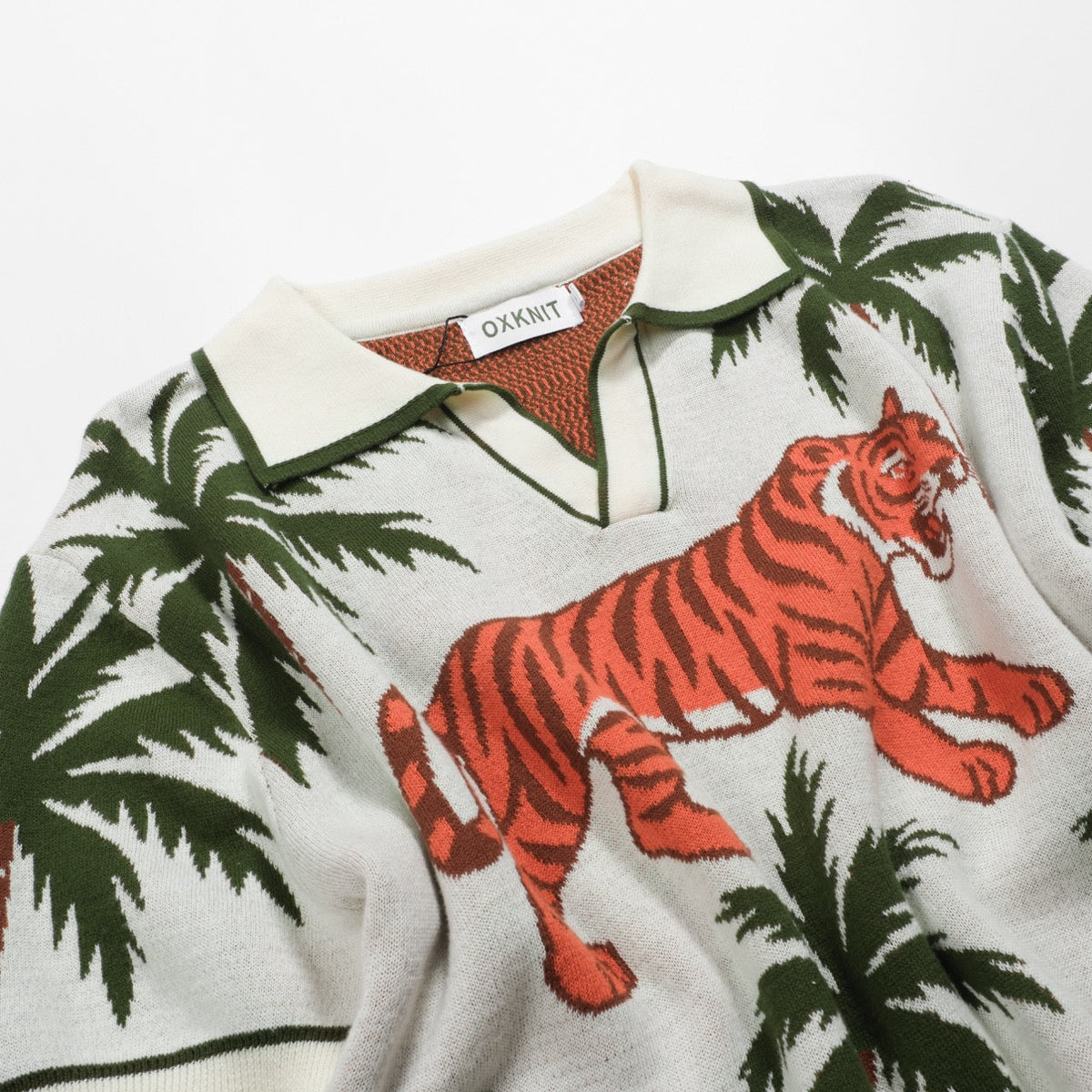 V-Neck Jacquard Polo for Men in White and Apricot Animal Garden Design