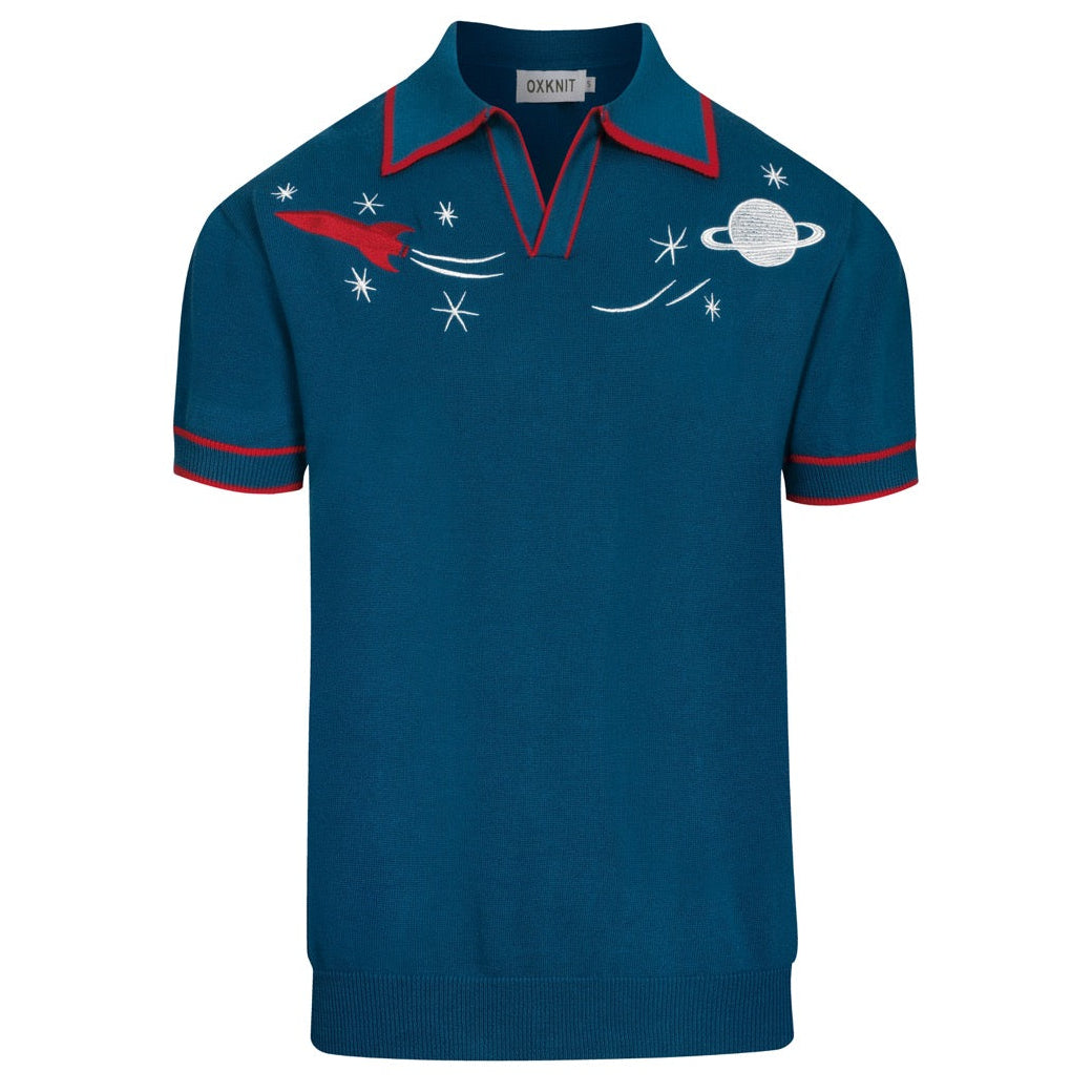 Polos Brodés pour Homme - Planète et Fusée Bleue en Maille