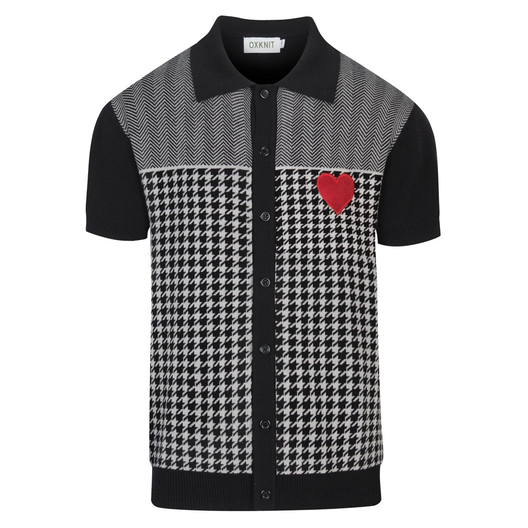 Cardigan noir rétro pour homme en tricot avec broderie artistique en forme de cœur