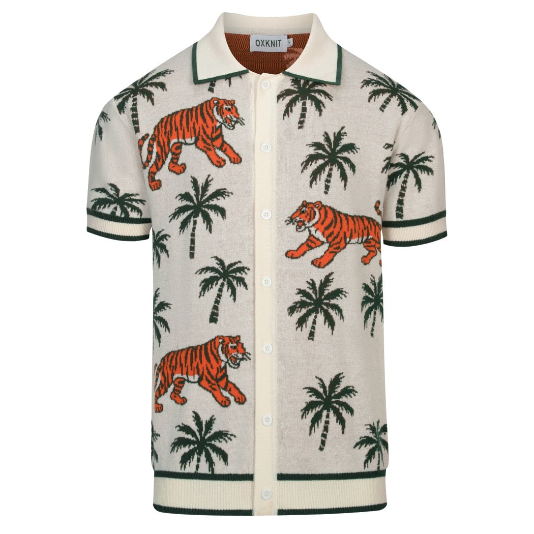 Cardigan en tricot vert pour homme avec motif d'arbre à coco et animaux