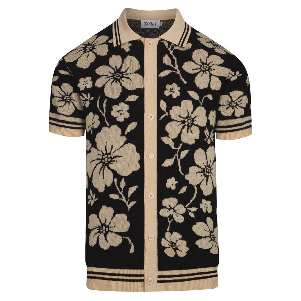 Cardigan vintage noir à motifs floraux en jacquard pour homme
