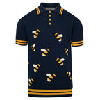 Pull vintage à manches courtes en tricot bleu marine avec motif abeille