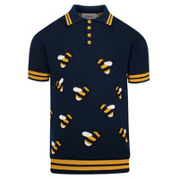Pull vintage à manches courtes en tricot bleu marine avec motif abeille