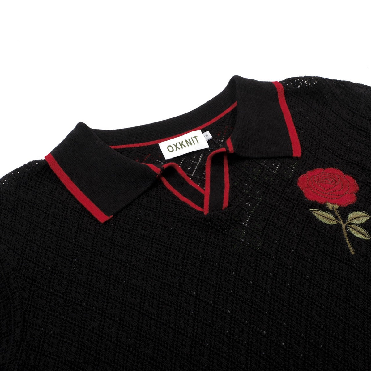 Cardigan vintage noir en maille pour homme avec broderie rose en mesh