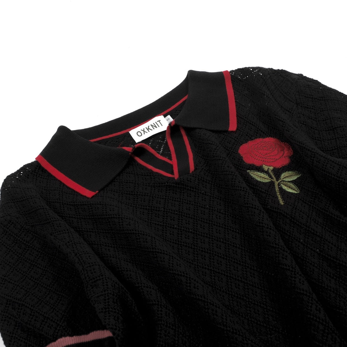 Cardigan vintage noir en maille pour homme avec broderie rose en mesh