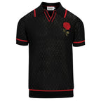 Cardigan vintage noir en maille pour homme avec broderie rose en mesh