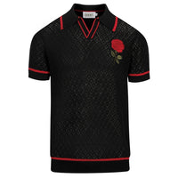 Cardigan vintage noir en maille pour homme avec broderie rose en mesh