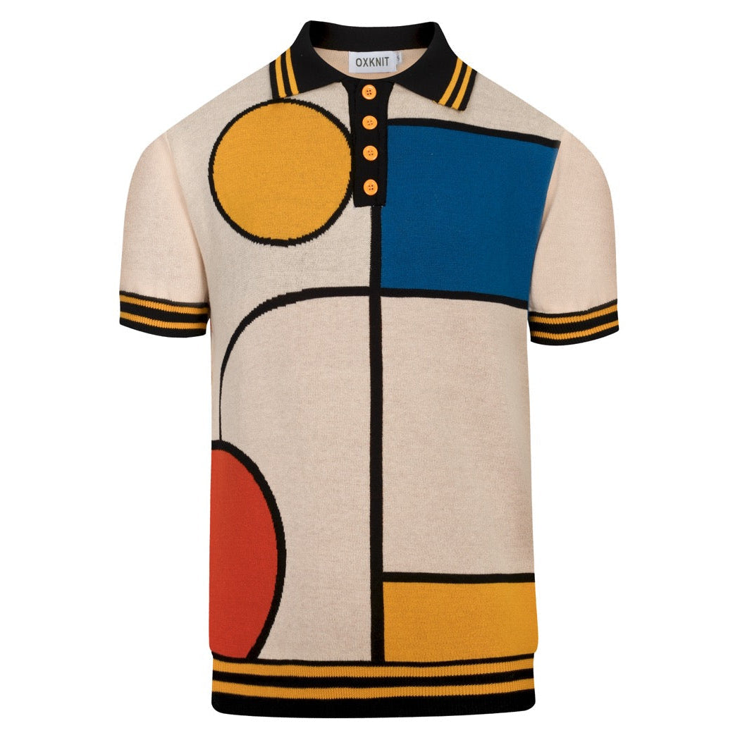 Polo rétro en tricot jacquard géométrique abricot pour homme