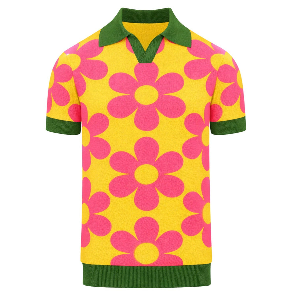 Vintage Yellow Floral Jacquard Knit Polo for Men