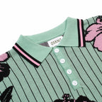 Polo en jacquard à rayures rétro et motif floral bleu sarcelle pour homme