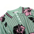 Polo en jacquard à rayures rétro et motif floral bleu sarcelle pour homme