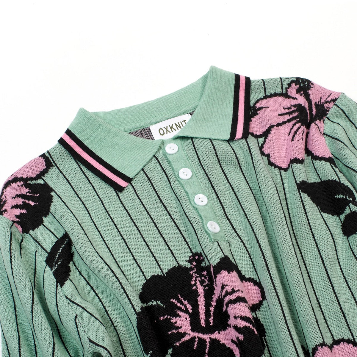 Polo en jacquard à rayures rétro et motif floral bleu sarcelle pour homme
