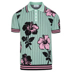 Polo en jacquard à rayures rétro et motif floral bleu sarcelle pour homme