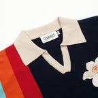Vintage Polo Tricoté Bleu Foncé avec Broderie Florale pour Homme