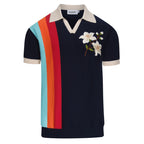 Vintage Polo Tricoté Bleu Foncé avec Broderie Florale pour Homme