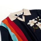 Vintage Polo Tricoté Bleu Foncé avec Broderie Florale pour Homme