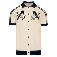 Cardigan vintage à rayures abricot et blanc pour homme, orné de broderies d'oiseaux