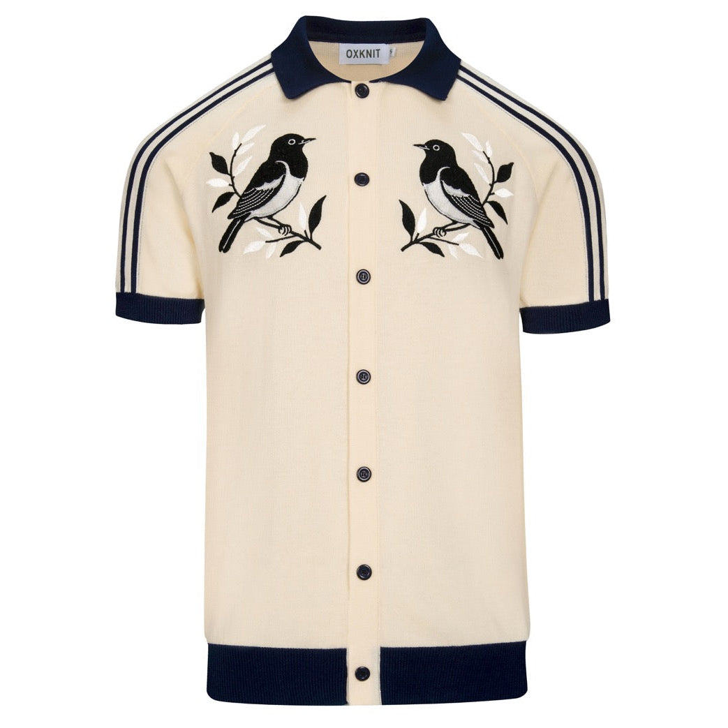 Cardigan vintage à rayures abricot et blanc pour homme, orné de broderies d'oiseaux