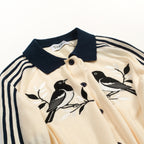 Cardigan vintage à rayures abricot et blanc pour homme, orné de broderies d'oiseaux