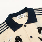 Cardigan vintage à rayures abricot et blanc pour homme, orné de broderies d'oiseaux