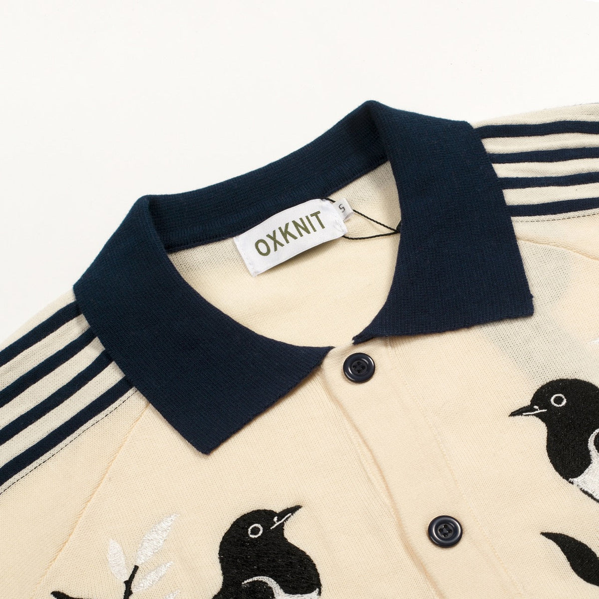 Cardigan vintage à rayures abricot et blanc pour homme, orné de broderies d'oiseaux