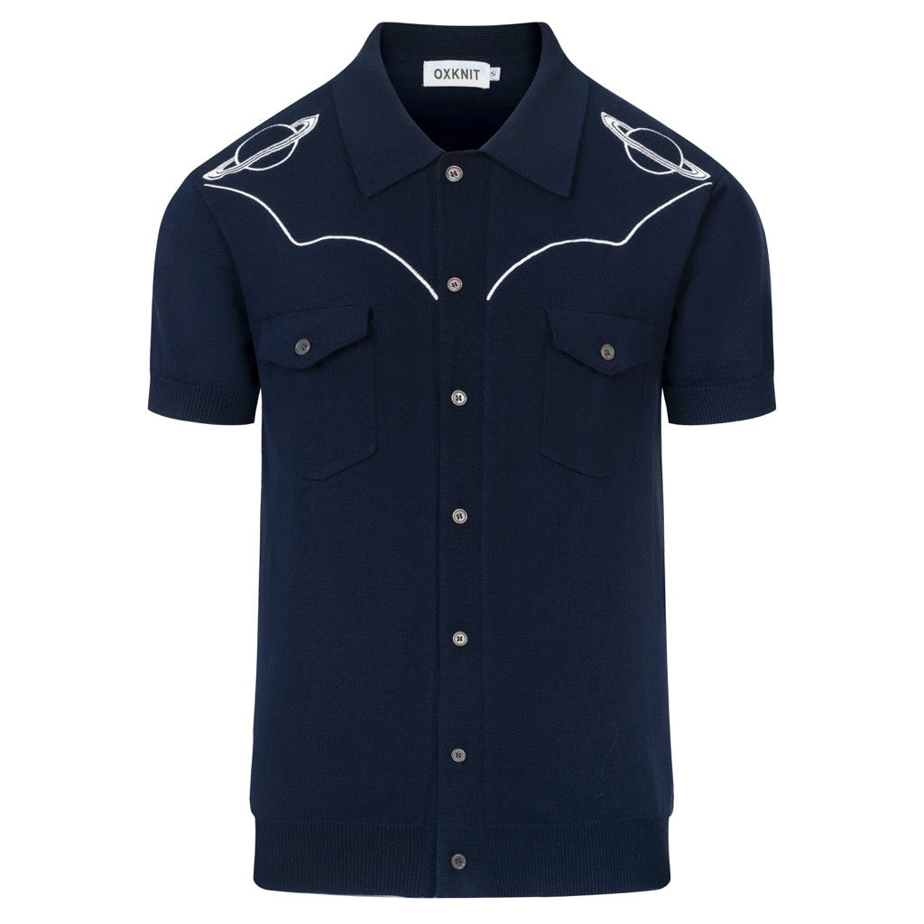 Cardigan Vintage Bleu Foncé pour Homme avec Broderie Planète