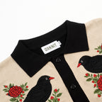 Cardigan noir rétro pour homme en tricot avec broderie d'oiseau et de fleur