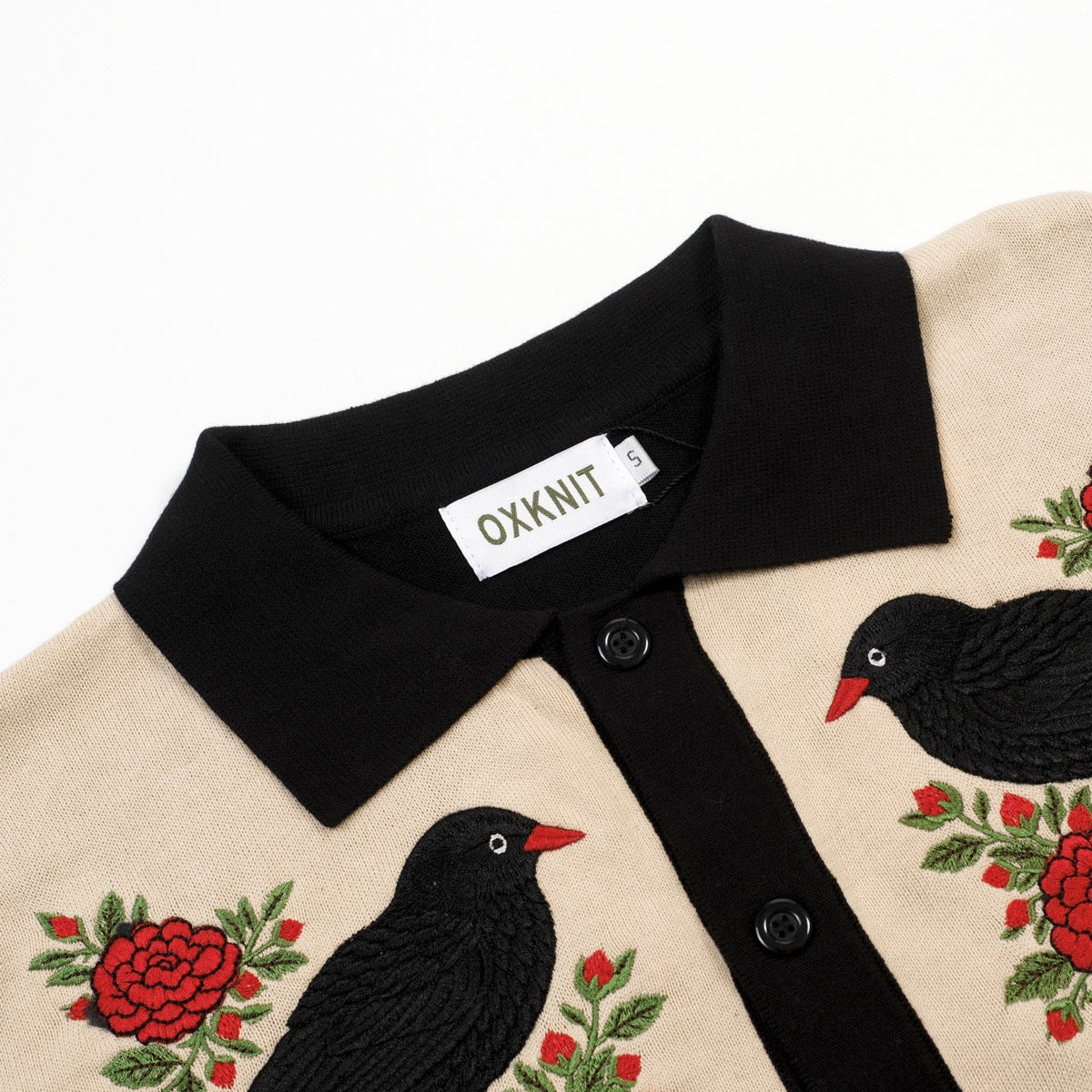 Cardigan noir rétro pour homme en tricot avec broderie d'oiseau et de fleur