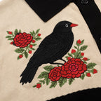 Cardigan noir rétro pour homme en tricot avec broderie d'oiseau et de fleur