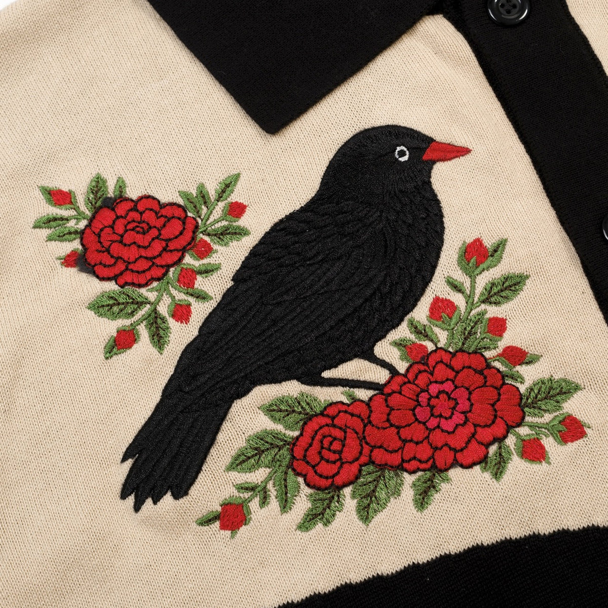 Cardigan noir rétro pour homme en tricot avec broderie d'oiseau et de fleur
