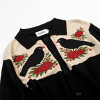 Cardigan noir rétro pour homme en tricot avec broderie d'oiseau et de fleur