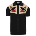 Cardigan noir rétro pour homme en tricot avec broderie d'oiseau et de fleur