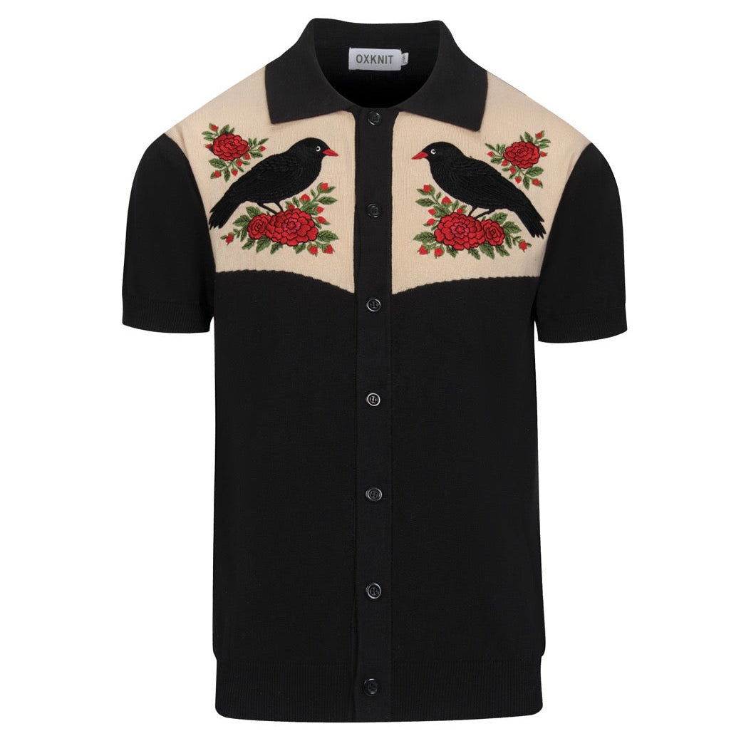 Cardigan noir rétro pour homme en tricot avec broderie d'oiseau et de fleur