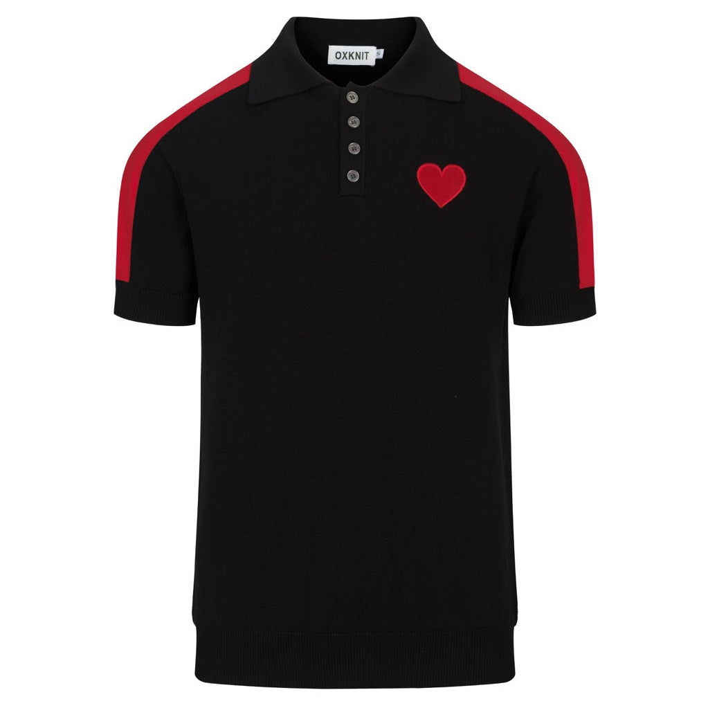Polo noir à rayures pour homme avec broderie cœur rétro