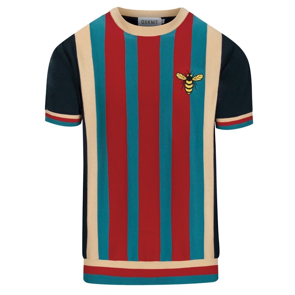 Vintage Multicolor Striped Knit Polo for Men with Embroidered Bee