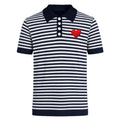 Polo en maille bleu foncé à rayures vintage avec cœur brodé pour homme