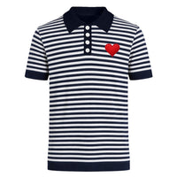 Polo en maille bleu foncé à rayures vintage avec cœur brodé pour homme