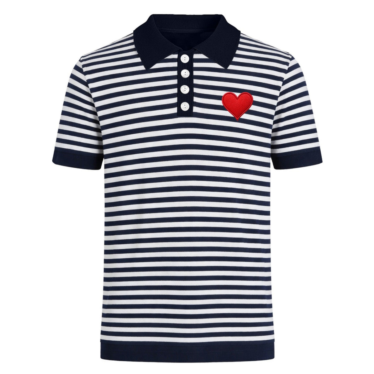 Polo en maille bleu foncé à rayures vintage avec cœur brodé pour homme