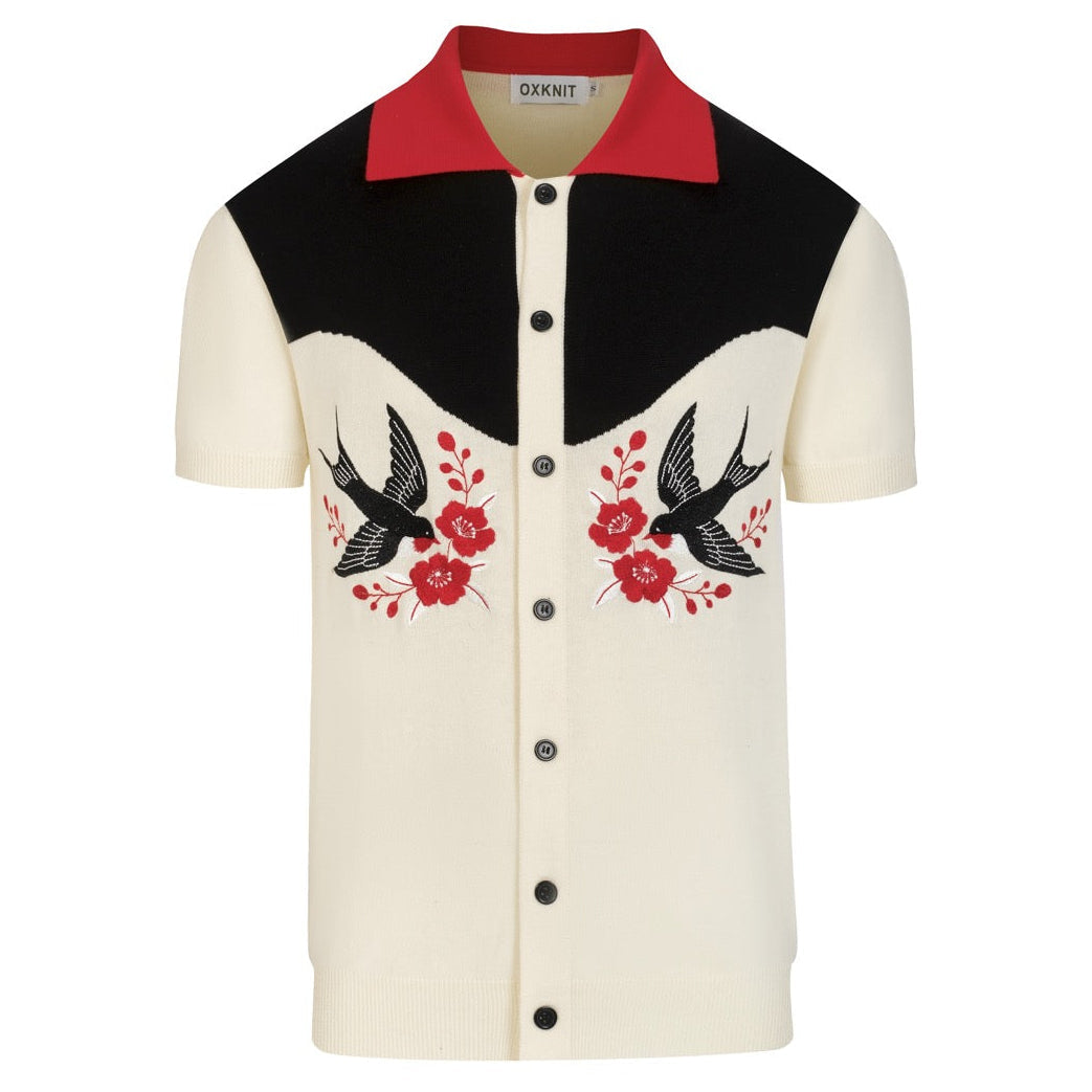 Cardigan Vintage Abricot pour Homme avec Broderie Artistique d'Oiseau