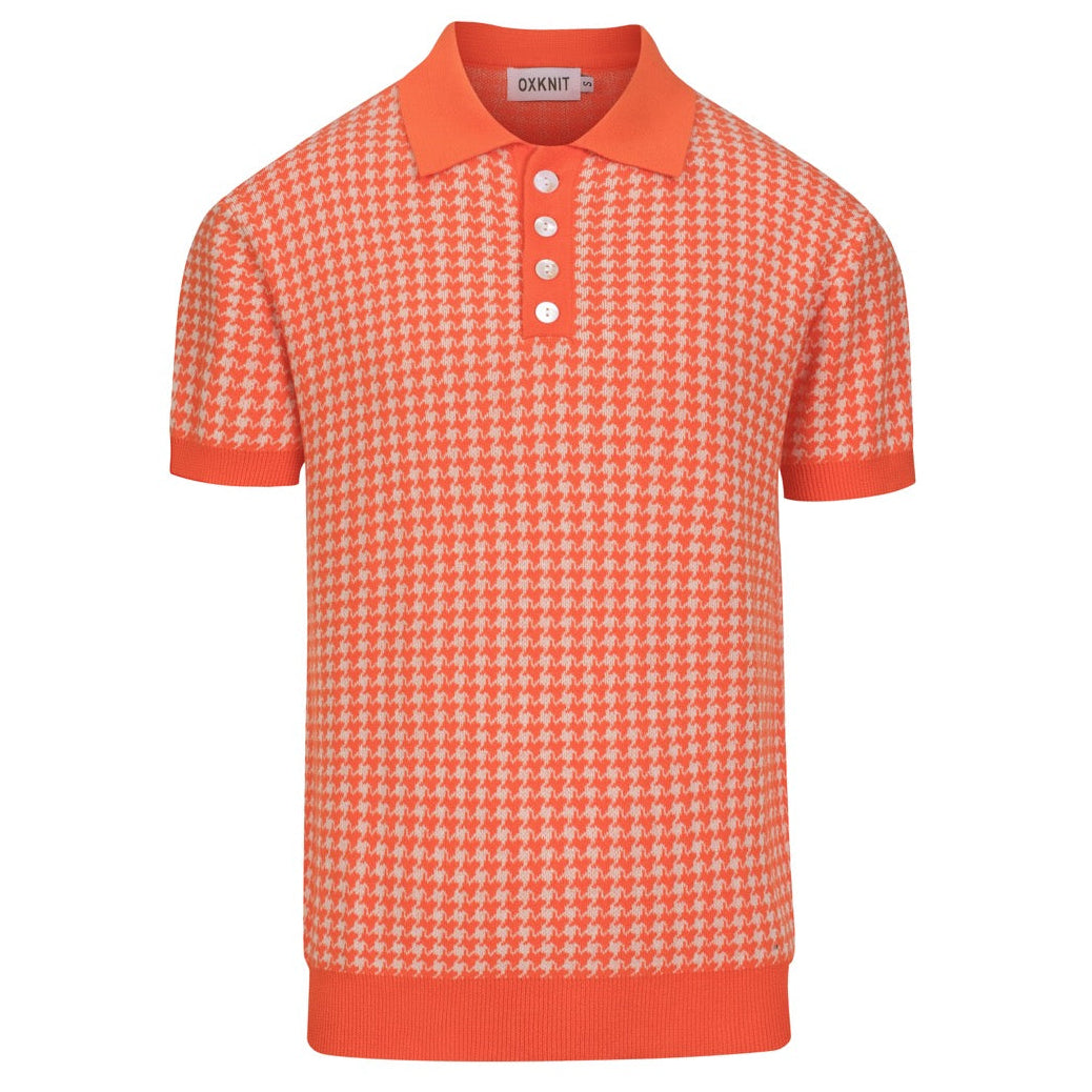 Pull en maille jacquard orange à motif pied-de-poule classique pour homme