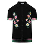 Cardigan noir pour homme en maille avec broderie florale et bords rayés